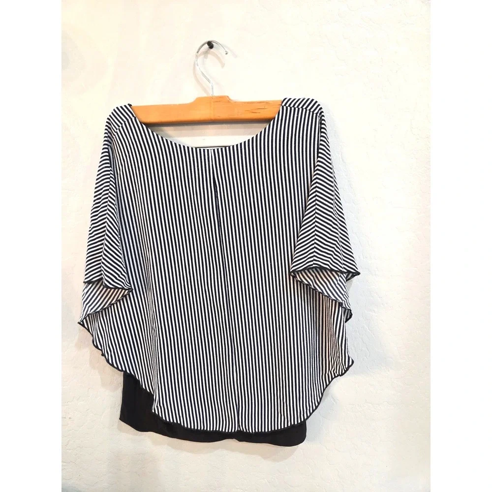 Vintage Celly K Large Striped Cape‎ Blouse Black White Layered Flutter Sleeve